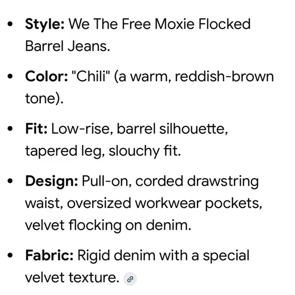 FREE PEOPLE|| Moxie Low Slung Flocked Pull-On Barrel Jeans in Chile NWOT - Picture 5 of 10